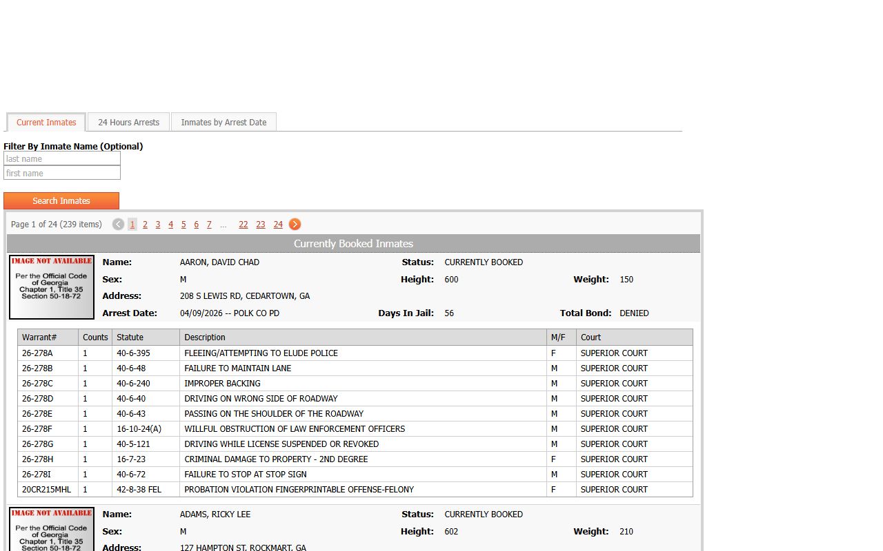 Polk County inmate population roster search interface